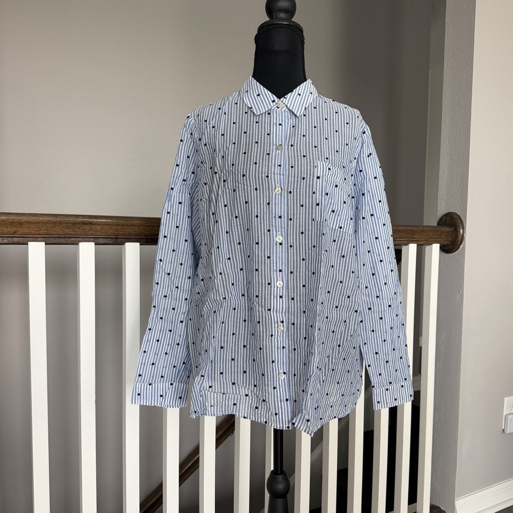J Jill Button Up Blue Striped Embroidered Polka Dot Cotton‎ Sz M Cottage Coastal